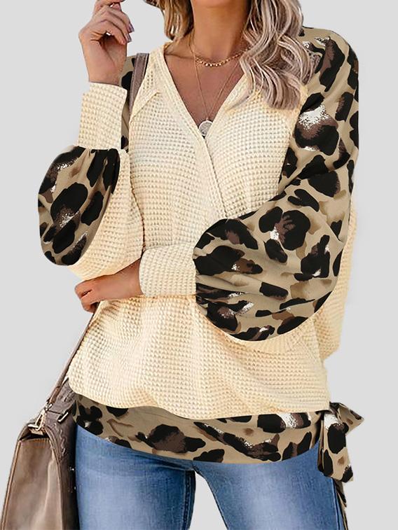 Women's T-Shirts Leopard Print Stitching Lantern Sleeve V Neck T-Shirts - LuckyFash™