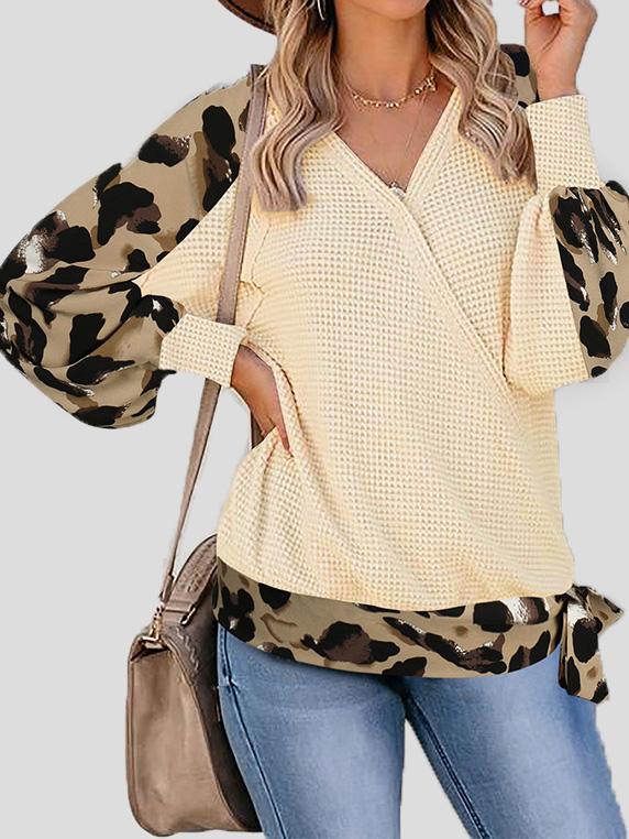 Women's T-Shirts Leopard Print Stitching Lantern Sleeve V Neck T-Shirts - LuckyFash™