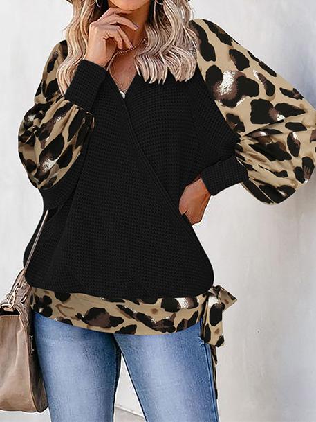 Women's T-Shirts Leopard Print Stitching Lantern Sleeve V Neck T-Shirts - LuckyFash™