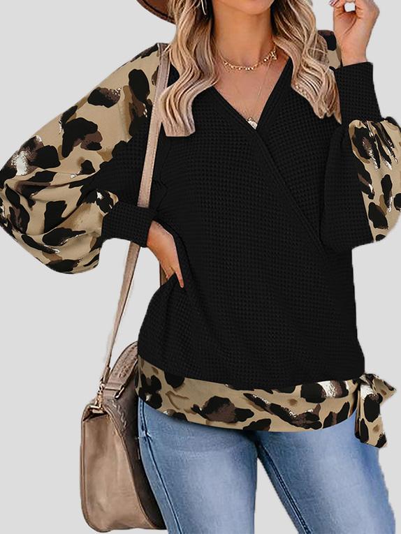 Women's T-Shirts Leopard Print Stitching Lantern Sleeve V Neck T-Shirts - LuckyFash™
