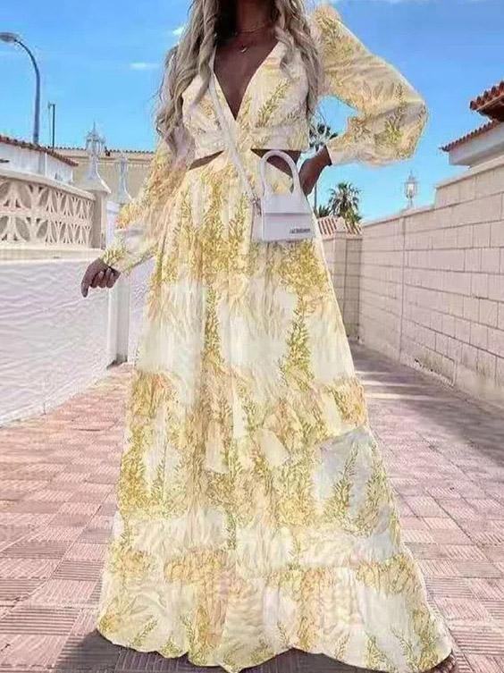 Women's Dresses Long Sleeve Printed Hollow Ruffled Dress - LuckyFash™