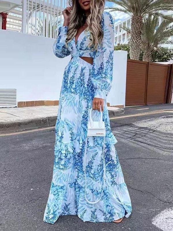 Women's Dresses Long Sleeve Printed Hollow Ruffled Dress - LuckyFash™