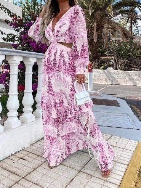 Women's Dresses Long Sleeve Printed Hollow Ruffled Dress - LuckyFash™