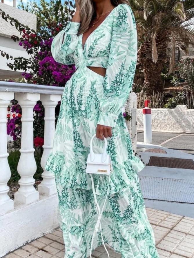 Women's Dresses Long Sleeve Printed Hollow Ruffled Dress - LuckyFash™