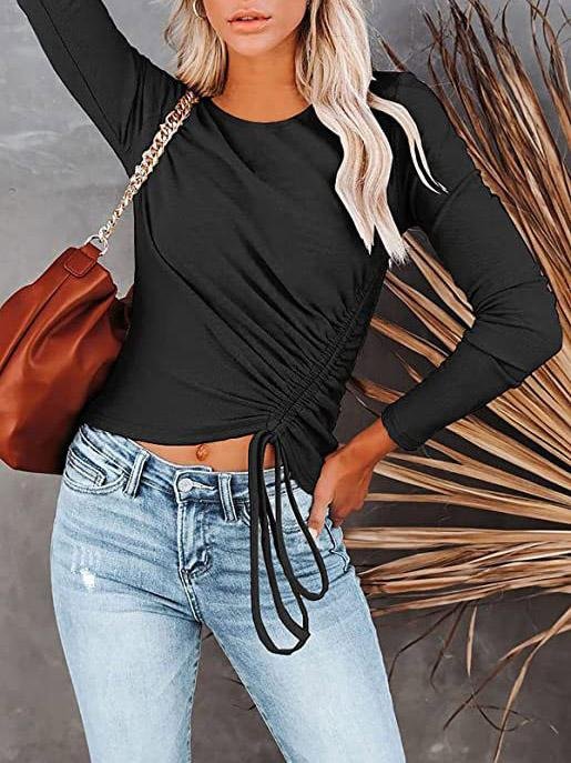 Women's T-Shirts Long Sleeve Round Neck Drawstring Fashion T-Shirt - LuckyFash™