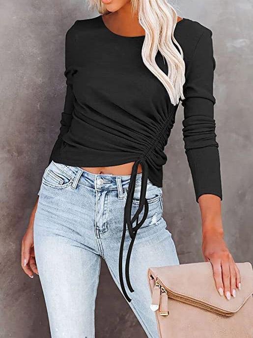 Women's T-Shirts Long Sleeve Round Neck Drawstring Fashion T-Shirt - LuckyFash™