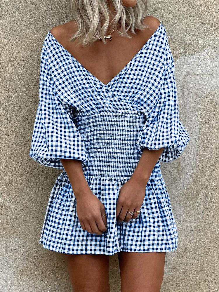 Women's Dresses Off Shoulder Plaid V-Neck Mini Dress - LuckyFash™