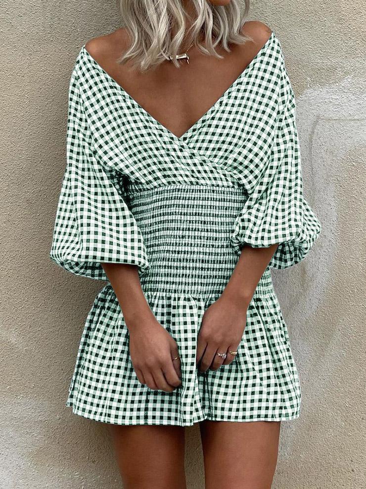 Women's Dresses Off Shoulder Plaid V-Neck Mini Dress - LuckyFash™