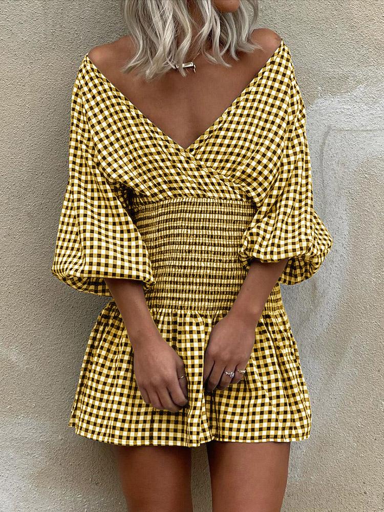 Women's Dresses Off Shoulder Plaid V-Neck Mini Dress - LuckyFash™