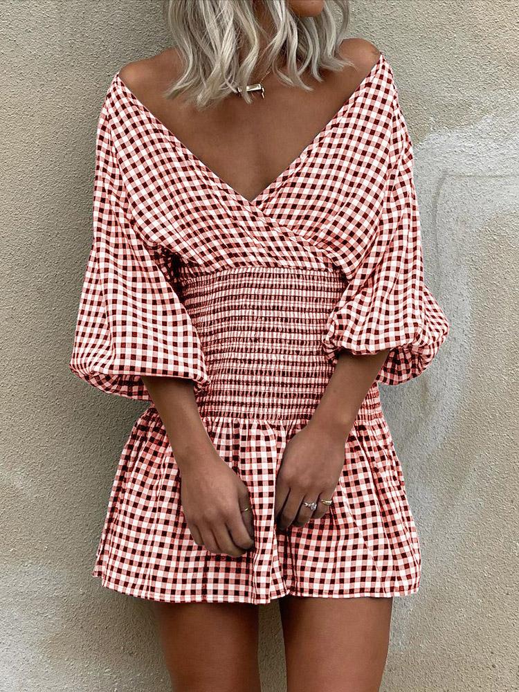 Women's Dresses Off Shoulder Plaid V-Neck Mini Dress - LuckyFash™