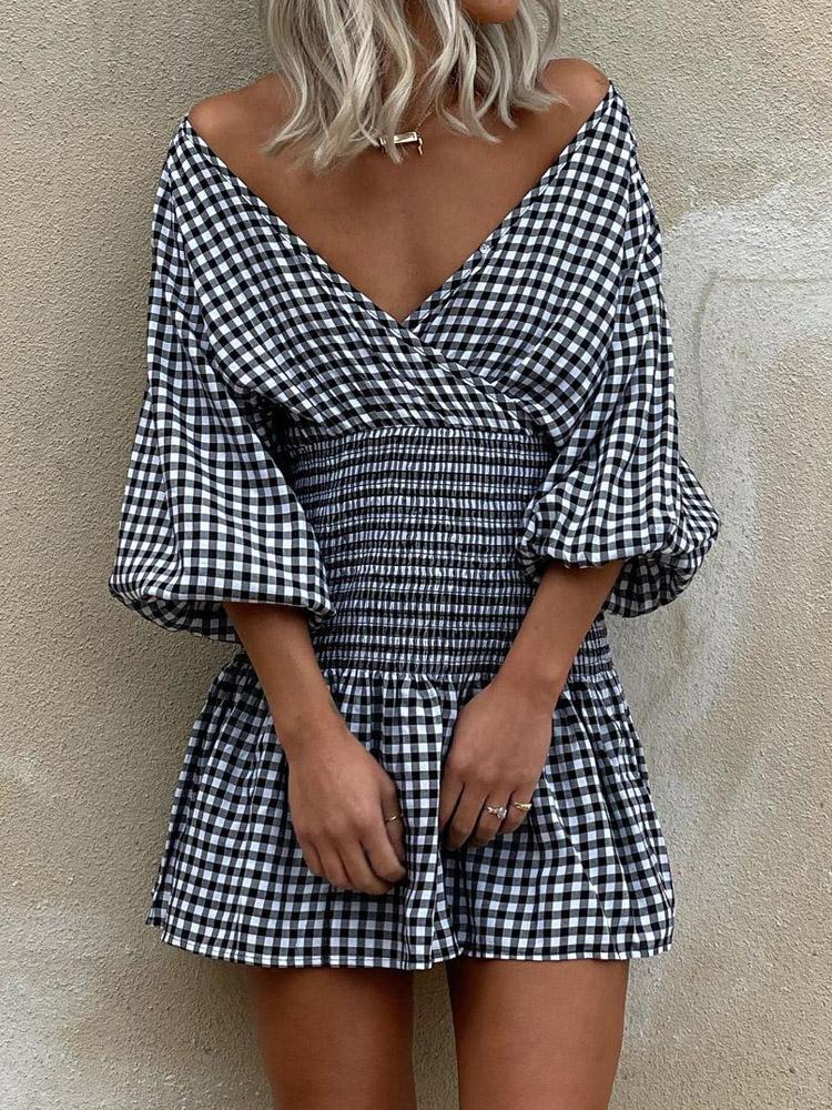 Women's Dresses Off Shoulder Plaid V-Neck Mini Dress - LuckyFash™