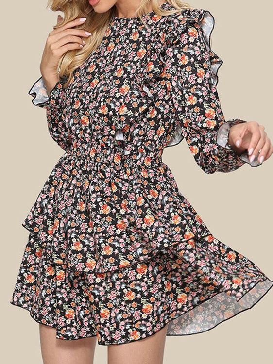 Women's Dresses Round Neck Flying Sleeve Printed Cake Dress - LuckyFash™