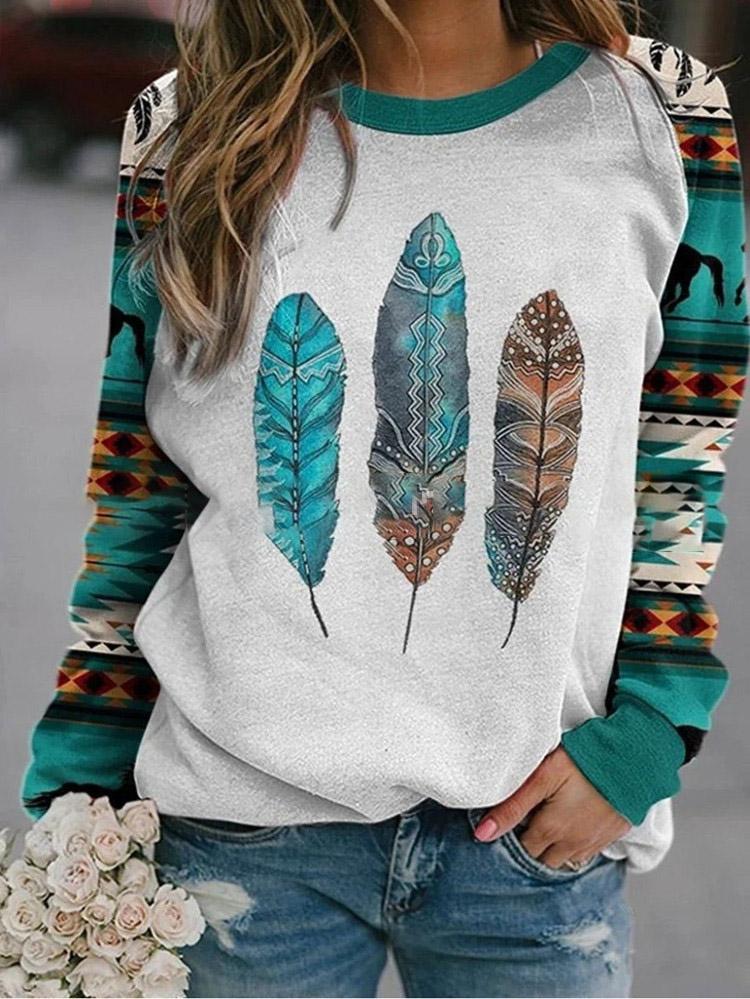 Women's T-Shirts Totem Leaf Print Long Sleeve T-Shirts - LuckyFash™