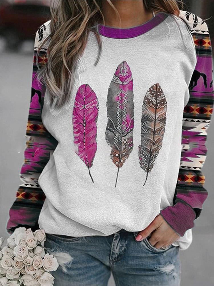 Women's T-Shirts Totem Leaf Print Long Sleeve T-Shirts - LuckyFash™