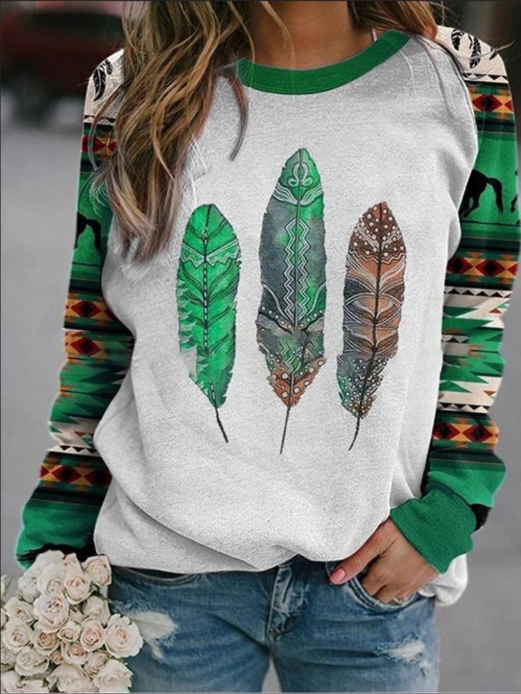 Women's T-Shirts Totem Leaf Print Long Sleeve T-Shirts - LuckyFash™