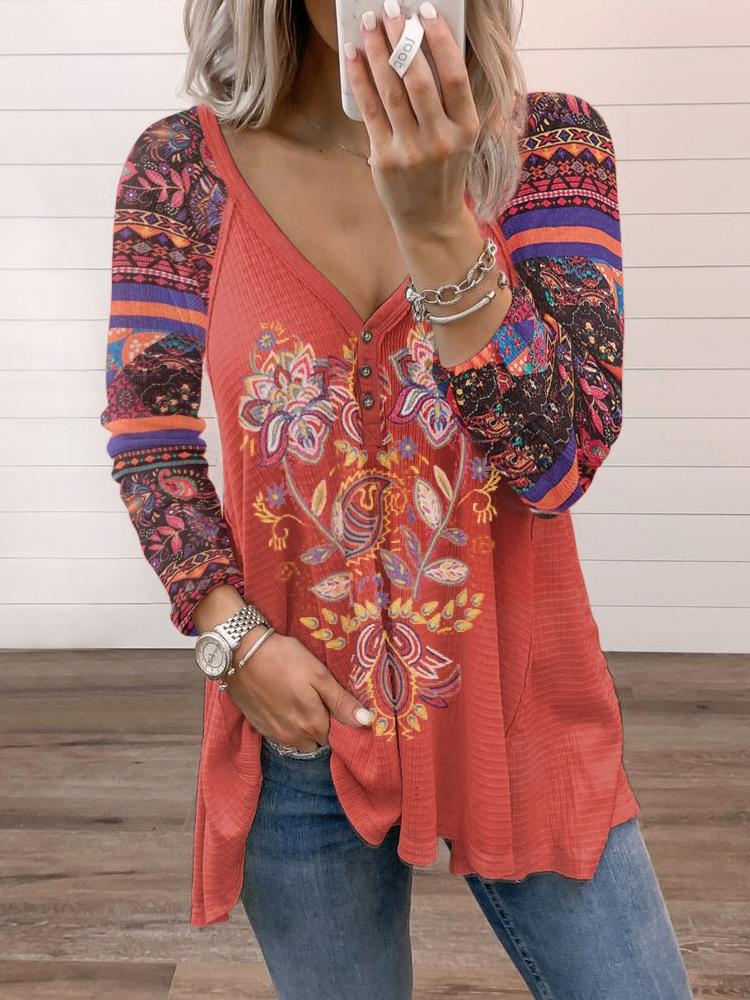 Women's T-Shirts V-Neck Printed Long Sleeve Loose T-Shirt - LuckyFash™