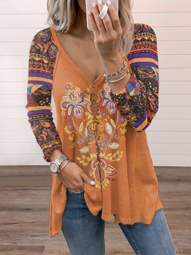 Women's T-Shirts V-Neck Printed Long Sleeve Loose T-Shirt - LuckyFash™