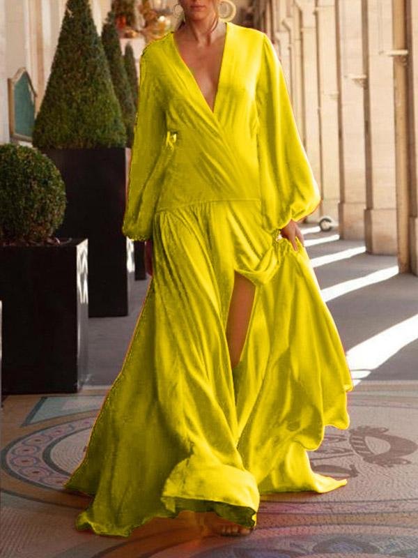 Women's Dresses V-Neck Solid Long Sleeve Split Dress - LuckyFash™