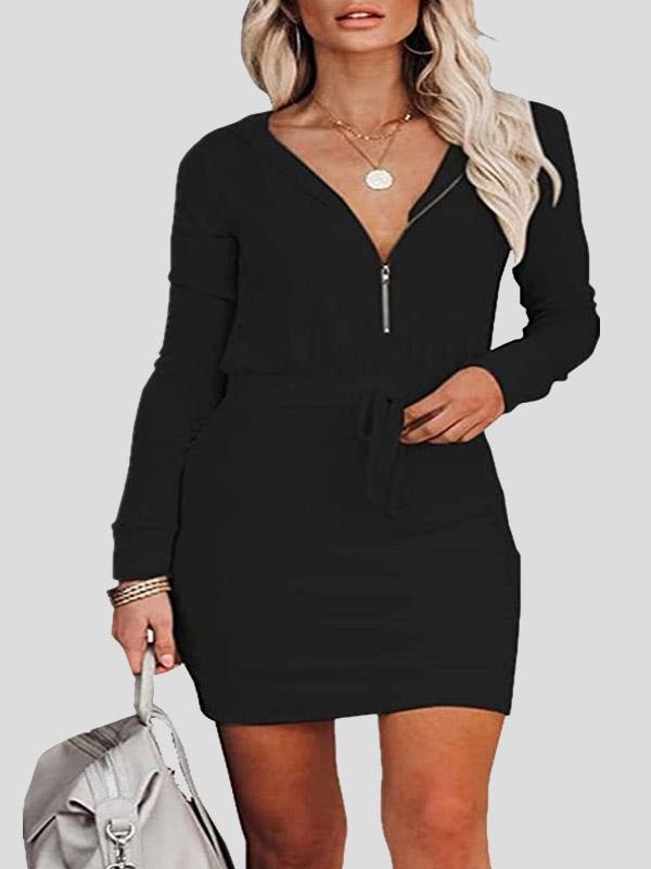 Women's Dresses Zip Long Sleeve Hooded Tunic Dress - LuckyFash™