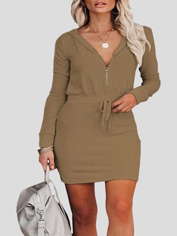 Women's Dresses Zip Long Sleeve Hooded Tunic Dress - LuckyFash™