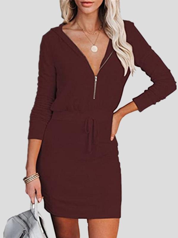 Women's Dresses Zip Long Sleeve Hooded Tunic Dress - LuckyFash™
