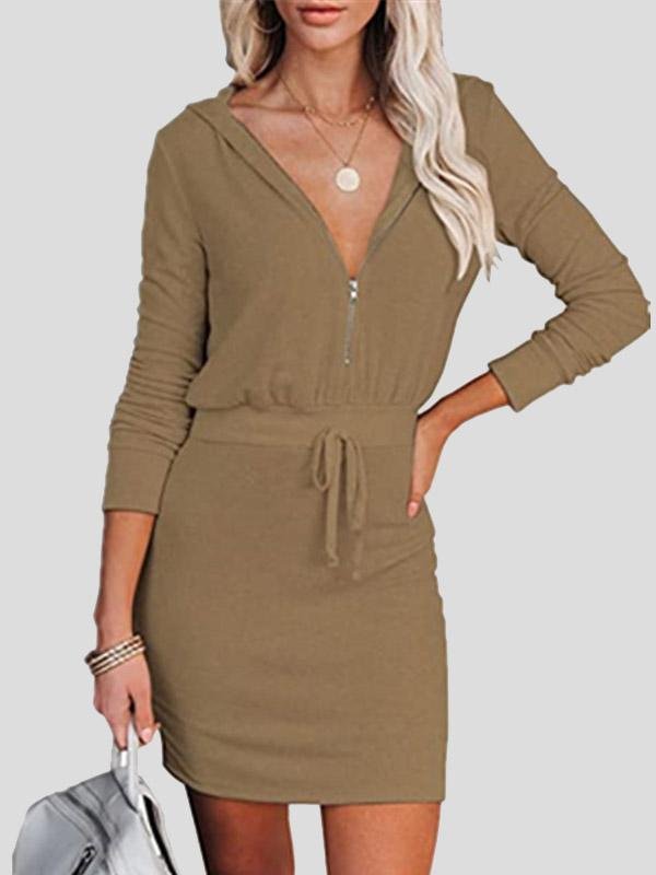 Women's Dresses Zip Long Sleeve Hooded Tunic Dress - LuckyFash™