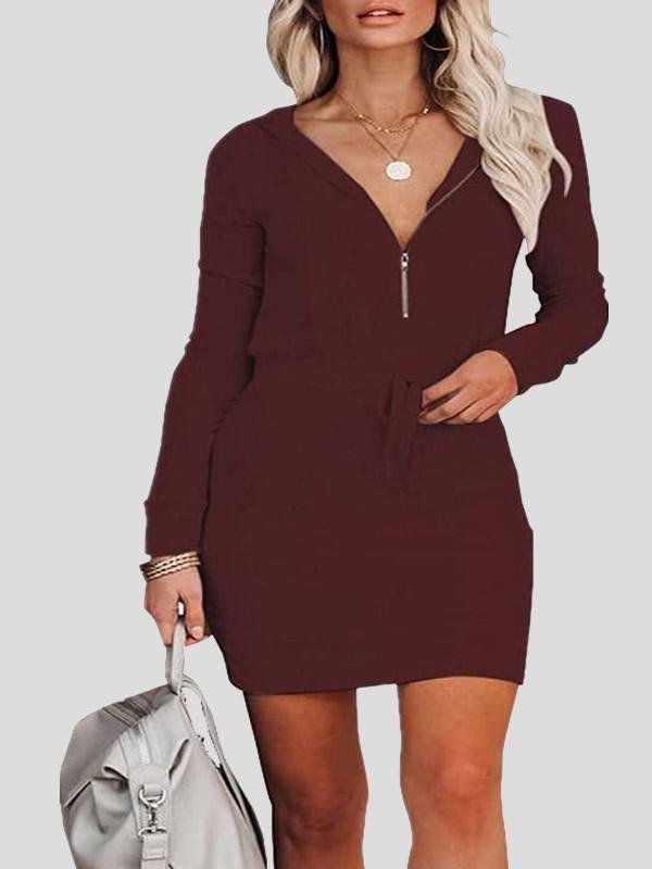 Women's Dresses Zip Long Sleeve Hooded Tunic Dress - LuckyFash™