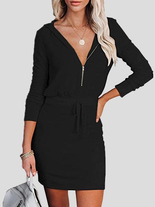 Women's Dresses Zip Long Sleeve Hooded Tunic Dress - LuckyFash™