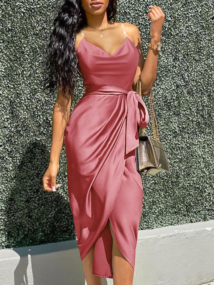 Irregular Solid V-neck Strappy Dress - LuckyFash™