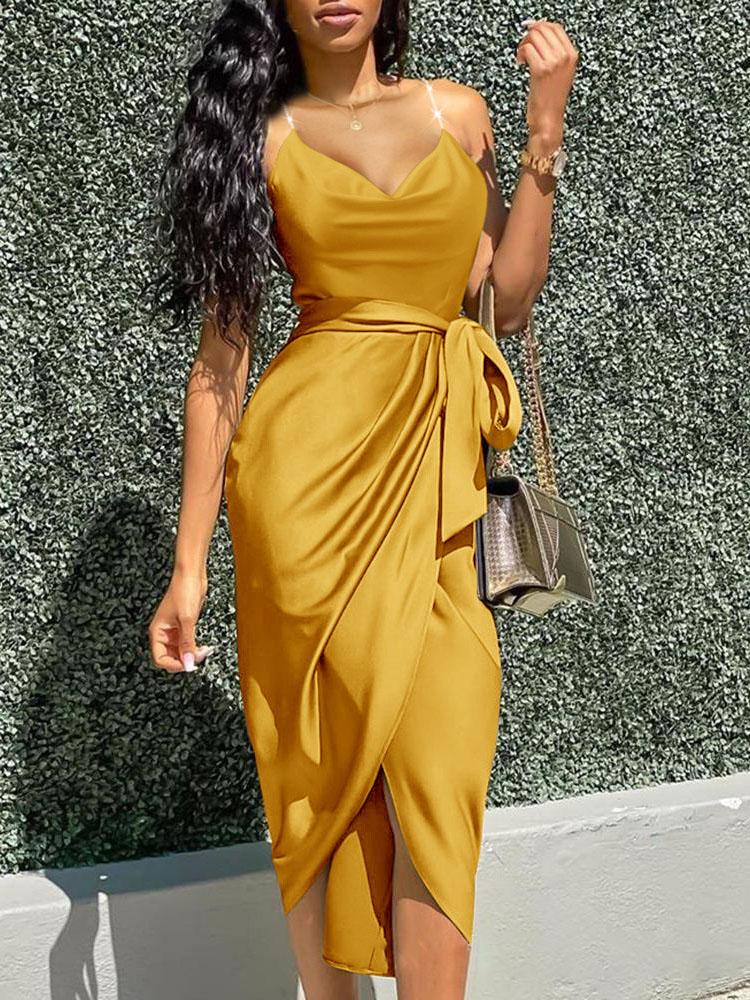 Irregular Solid V-neck Strappy Dress - LuckyFash™