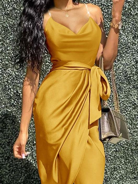 Irregular Solid V-neck Strappy Dress - LuckyFash™