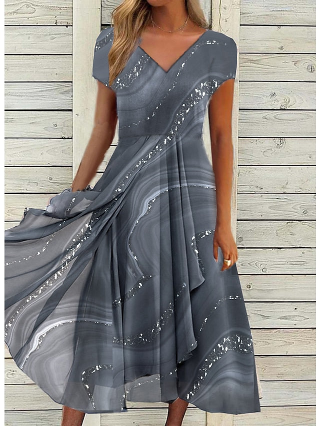 Women‘s Semi Formal Party Dress Swing Dress Knee Length Dress Green Blue Gray Short Sleeve Color Block Print Spring Summer V Neck Elegant Loose 2023 S M L XL XXL 3XL - LuckyFash™