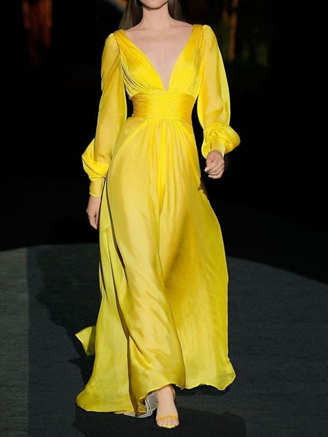Women‘s Party Dress Wedding Guest Dress Long Dress Maxi Dress Yellow Red Long Sleeve Pure Color Patchwork Winter Fall Autumn V Neck Fashion Winter Dress Evening Party Slim 2023 S M L XL 2XL 3XL - LuckyFash™