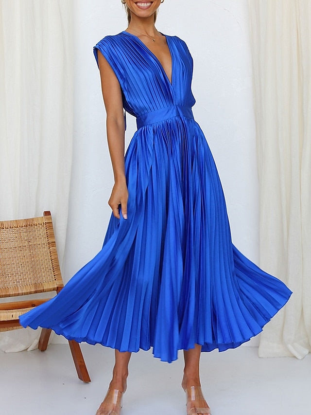 Women's Wedding Guest Dress Swing Dress Formal Dress Long Dress Maxi Dress Black Pink Red Sleeveless Pure Color Pleated Summer Spring Fall V Neck Party Evening Party Wedding Guest Vacation Loose Fit - LuckyFash™