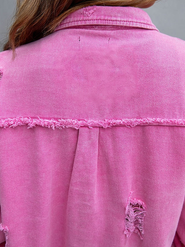 Shacket Pink Purple Orange Plain Button Pocket Long Sleeve Casual Daily Basic Shirt Collar Regular Denim S for Women - LuckyFash™