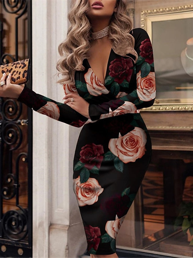 Women's Bodycon Modern Dress Knee Length Dress Black And White White Yellow Long Sleeve Leopard Ruched Winter Fall Autumn V Neck Fashion Winter Dress Fall Dress 2023 S M L XL 2XL - LuckyFash™