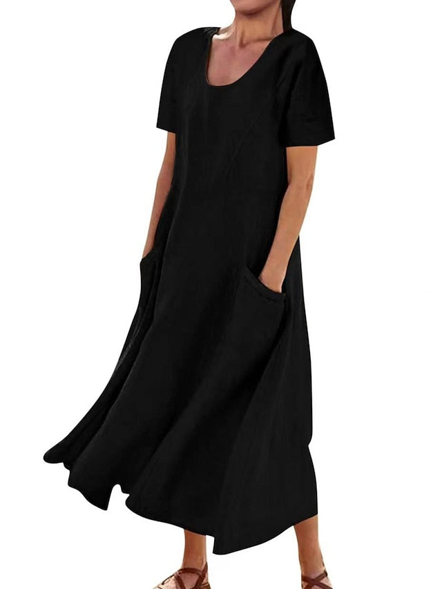 Cotton Linen Dress Casual Dress Swing Dress Maxi long Dress Linen Cotton Blend Fashion Classic Outdoor Daily Vacation Crew Neck Pocket Short Sleeve Summer Spring Loose Fit Black Pink Sky for Women - LuckyFash™
