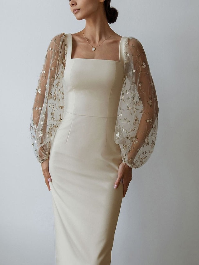 Women's Semi Formal Party Dress Sheath Dress Midi Dress Black White Long Sleeve Floral Mesh Fall Spring Square Neck Winter Dress Wedding Guest Mesh S M L XL - LuckyFash™