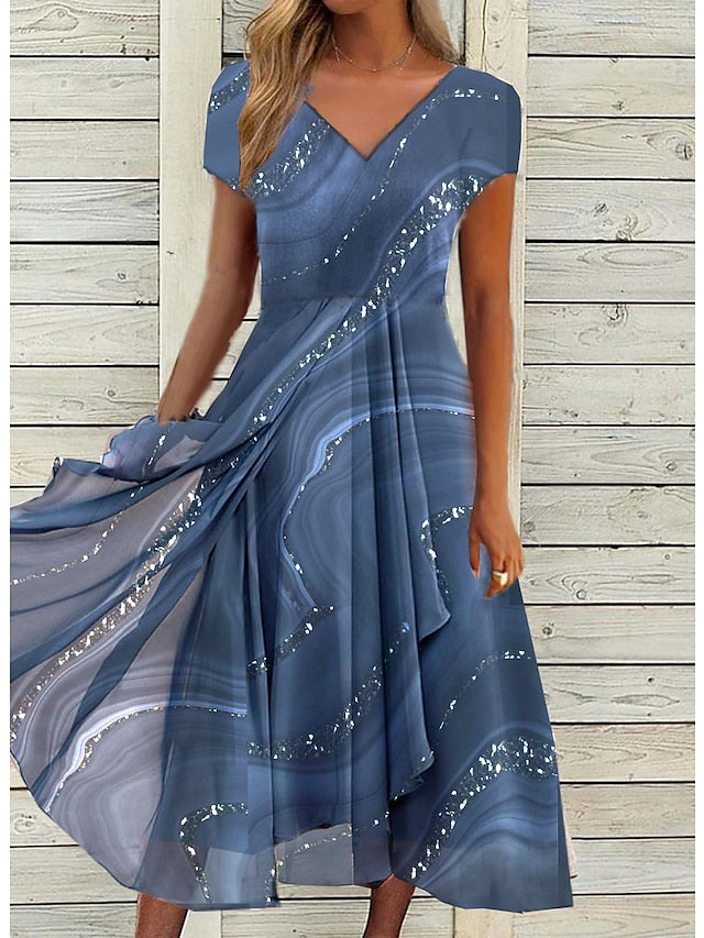 Women‘s Semi Formal Party Dress Swing Dress Knee Length Dress Green Blue Gray Short Sleeve Color Block Print Spring Summer V Neck Elegant Loose 2023 S M L XL XXL 3XL - LuckyFash™