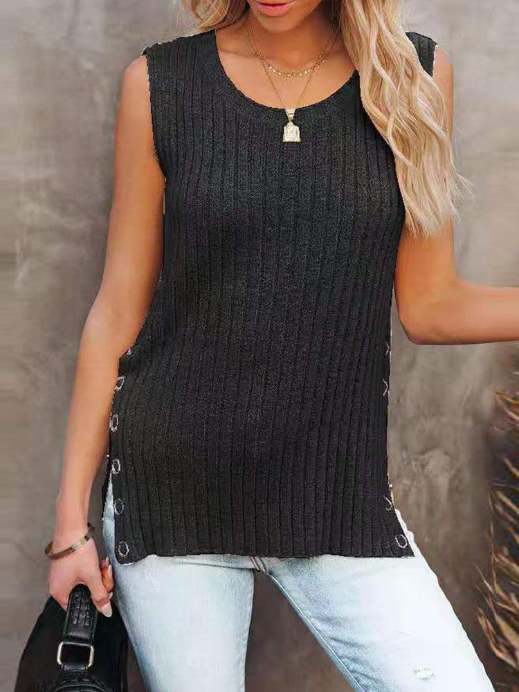 Knit Solid Sleeveless Round Neck Vest - LuckyFash™