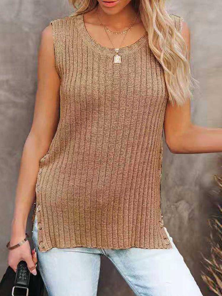 Knit Solid Sleeveless Round Neck Vest - LuckyFash™