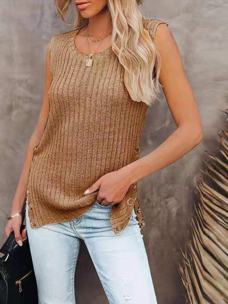 Knit Solid Sleeveless Round Neck Vest - LuckyFash™