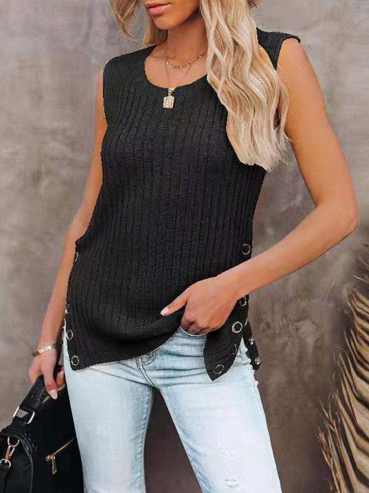 Knit Solid Sleeveless Round Neck Vest - LuckyFash™