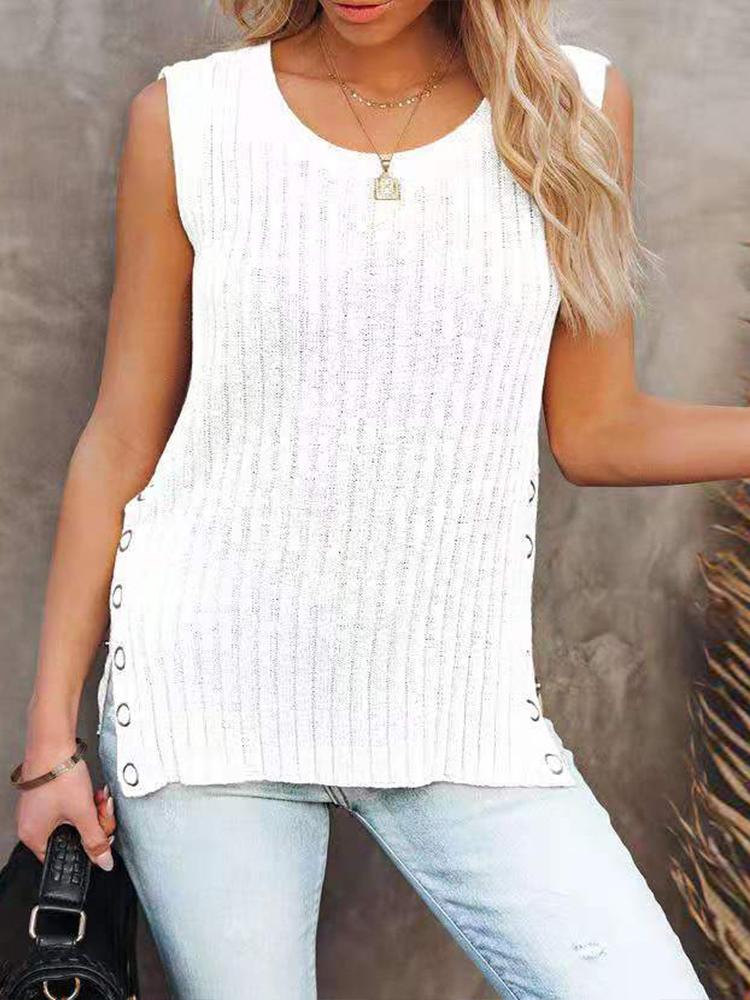 Knit Solid Sleeveless Round Neck Vest - LuckyFash™