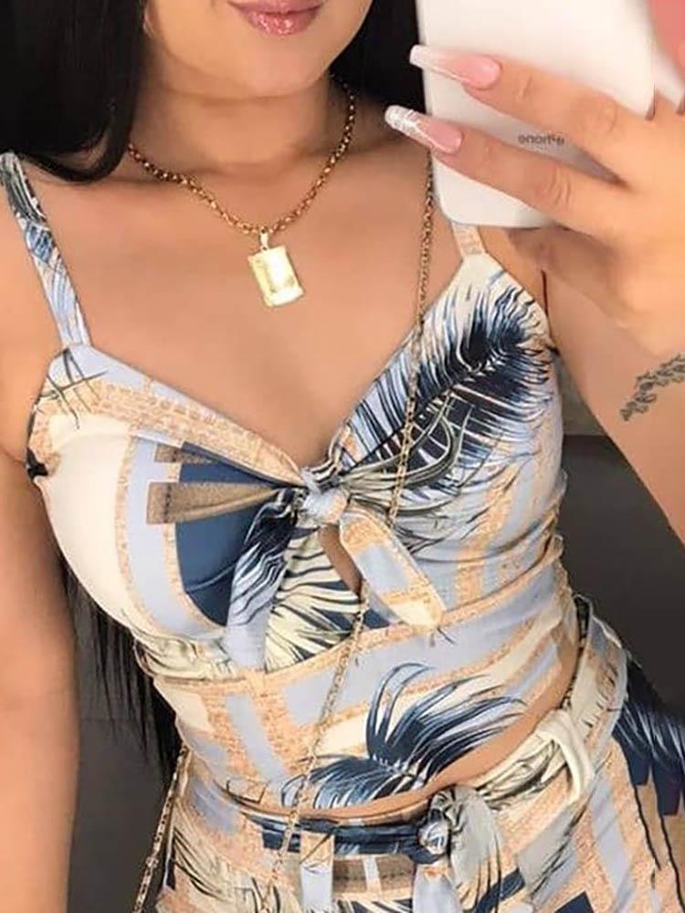 Knotted Tropical Print Top & Shorts Set With Belt - LuckyFash™
