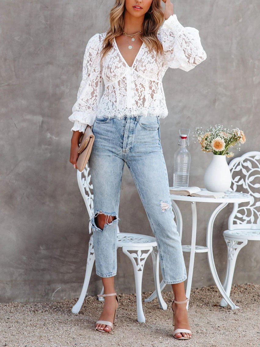 Lace Hollow Crocheted Bubble Long-sleeved Top - LuckyFash™