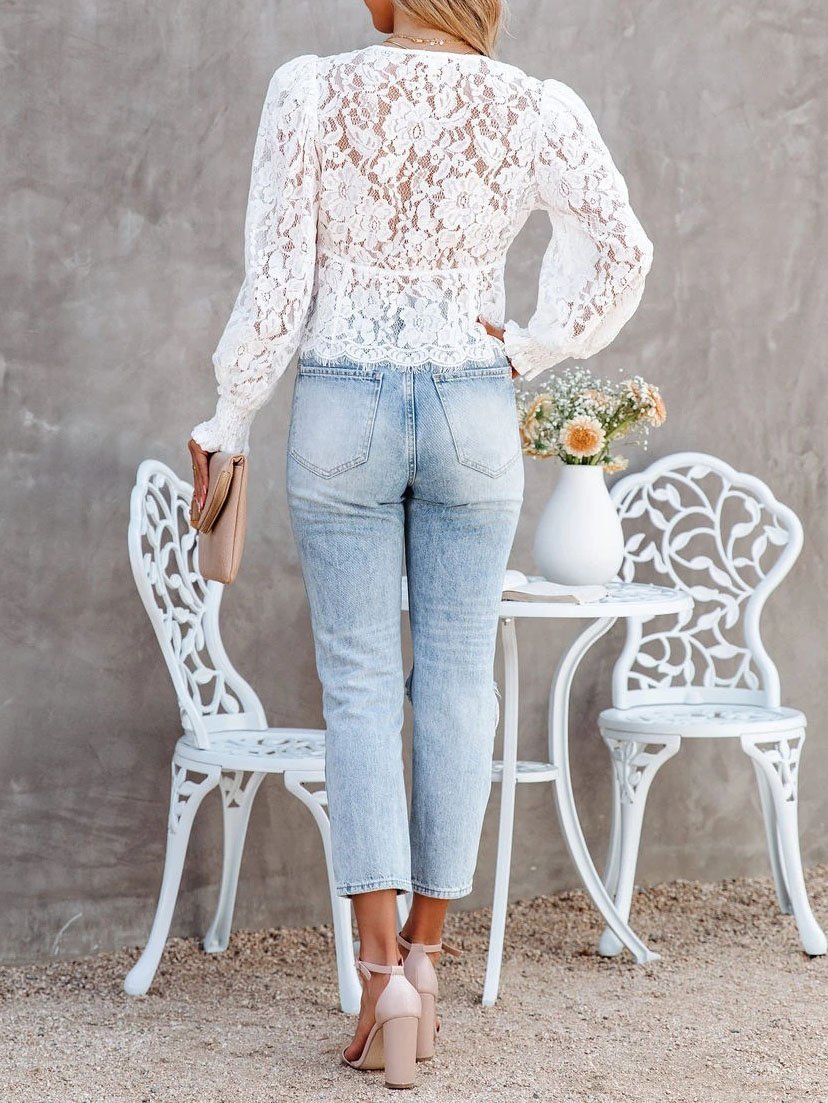 Lace Hollow Crocheted Bubble Long-sleeved Top - LuckyFash™