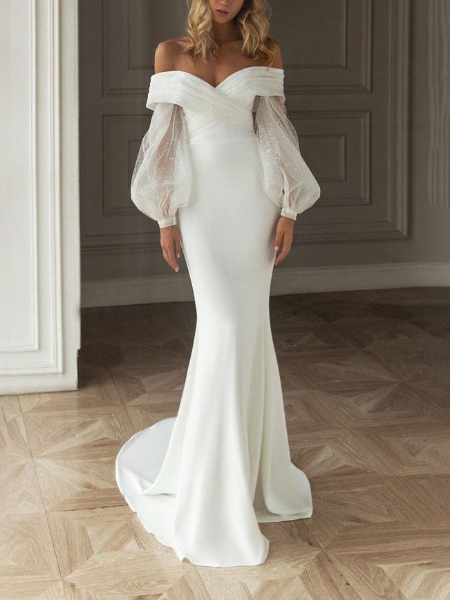 Lace Long-sleeved One-shoulder Evening Gown Wedding Dress - LuckyFash™