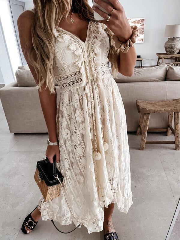 Lace Sling Solid Color Sleeveless Dress - LuckyFash™