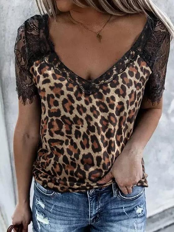 Lace Stitching Short-sleeved Leopard Print T-shirt - LuckyFash™
